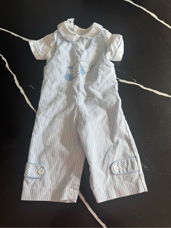 Other - Vintage Baby Boys Light Blue Striped Romper with Puppy Applique